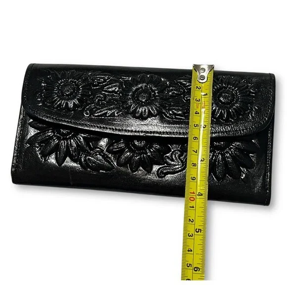 Mexican Embossed Leather Wallet Shiny Black Checkbook Flowers Handmade New - Picture 8 of 8